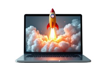 Laptop with a rocket launching from its screen, surrounded by clouds of smoke and fire, isolated on a white background. Concept of startup and innovation. Ai generative