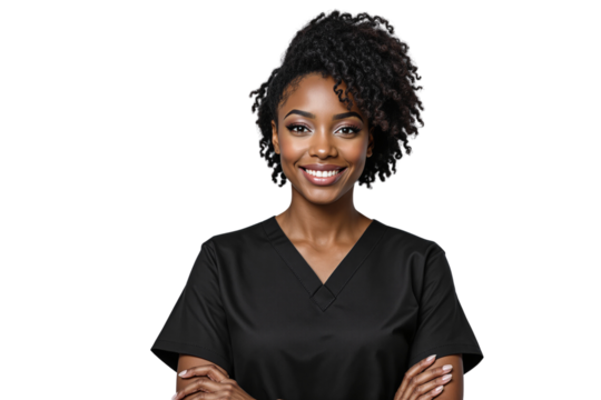 Confident female healthcare professional wearing medical uniform, smiling with arms crossed, isolated on white background. Concept of healthcare and professionalism. Ai generative