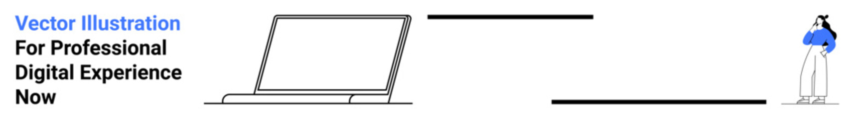 Open laptop with sleek lines paired with a standing figure in blue jacket. Ideal for technology, workspace, collaboration, communication, remote work, design, innovation. Perfect flat landing page