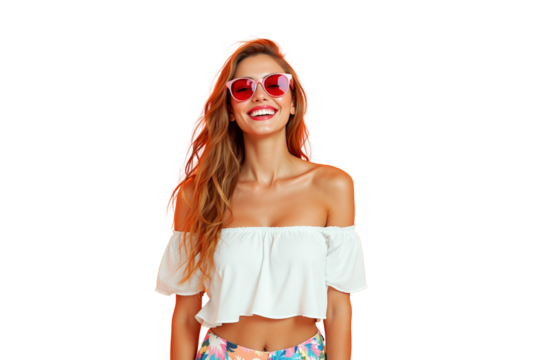 Fashionable woman wearing red sunglasses and white off-shoulder top, smiling joyfully. Isolated on white background. Summer fashion concept. Ai generative - Powered by Adobe