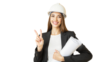 Smiling female architect wearing a white helmet and suit, holding blueprints and making a peace sign on a white background. Concept of professionalism and success. Ai generative