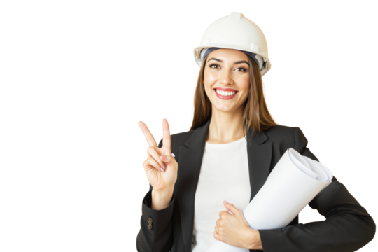 Smiling female architect wearing a white helmet and suit, holding blueprints and making a peace sign on a white background. Concept of professionalism and success. Ai generative