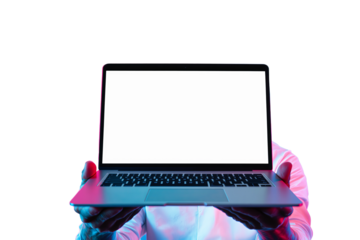 Man presenting a laptop with an empty screen, isolated on a white background. Modern technology mockup concept for design or advertisement. Ai generative