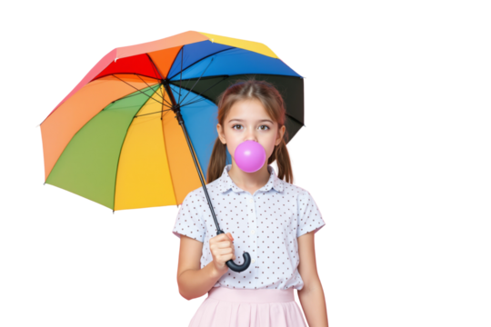 Young girl holding a rainbow umbrella while blowing pink bubble gum, wearing a polka dot shirt and skirt, isolated on white background. Ai generative