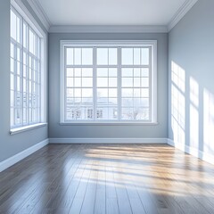 Fototapeta premium Bright Modern Room with Large Windows and Wood Floor Offering a View of Winter Landscape