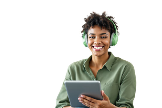 Happy woman in green shirt and headphones holding tablet, isolated on white background. Concept of technology, music, and digital lifestyle. Ai generative