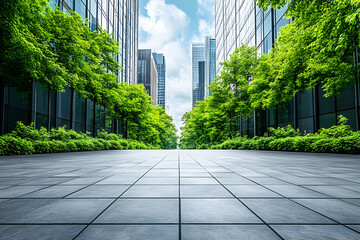 Modern cityscape with lush green trees lining a paved pathway between skyscrapers.  Ideal for urban design, environmental, or corporate branding projects.