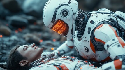 Robot soldier providing first aid to human ally, medical protocols active, battlefield triage