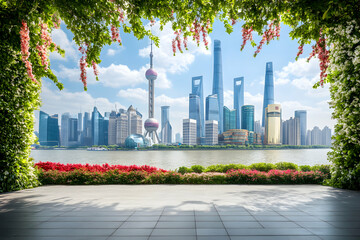 Fototapeta premium Stunning Shanghai skyline viewed through a vibrant floral archway, showcasing modern architecture and natural beauty. Perfect for travel, tourism, and urban landscape projects.