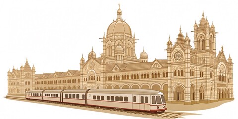 imeless Glory Chhatrapati Shivaji Maharaj Terminus with a Classic Indian Railways Train – Front View on a Pristine White Canvas
