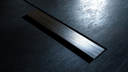 sleek stainless steel door handle with a modern rectangular keyhole, the texture gleaming under ambient indoor lighting