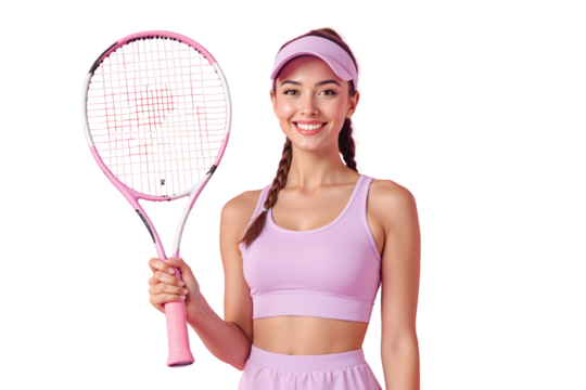 Young woman in pink sportswear holding a tennis racket, smiling. Isolated on white background. Concept of sports, fitness, and active lifestyle. Ai generative