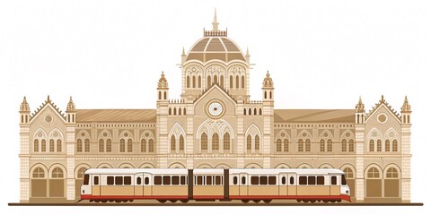 imeless Glory Chhatrapati Shivaji Maharaj Terminus with a Classic Indian Railways Train &ndash; Front View on a Pristine White Canvas