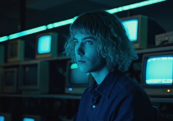 Young man contemplating in a retro tech environment