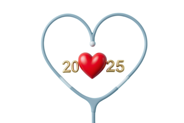 Stethoscope shaped as heart with red heart and golden 2025 numbers, isolated on white background. Concept of medical care, healthcare, and cardiology. Ai generative