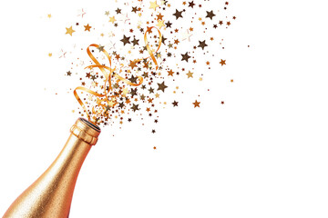 Golden champagne bottle with stars and ribbons bursting out, isolated on a white background. Celebration and festive concept. Ai generative