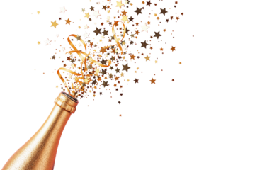 Golden champagne bottle with stars and ribbons bursting out, isolated on a white background. Celebration and festive concept. Ai generative
