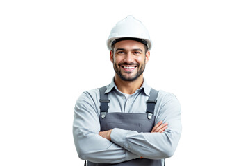 Confident construction worker wearing a white safety helmet and gray work uniform, isolated on a white background. Concept of engineering and labor. Ai generative