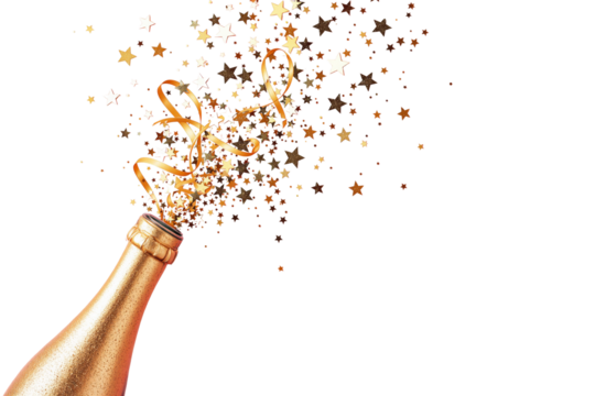 Golden champagne bottle with stars and ribbons bursting out, isolated on a white background. Celebration and festive concept. Ai generative