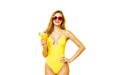 Smiling woman in yellow swimsuit with red sunglasses holding orange cocktail with lime and cherry garnish, isolated on white background. Ai generative