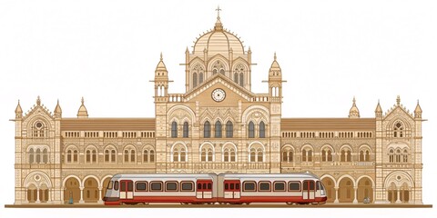 imeless Glory Chhatrapati Shivaji Maharaj Terminus with a Classic Indian Railways Train – Front View on a Pristine White Canvas