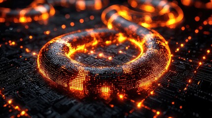 Abstract digital representation of a glowing snake-like structure over a dark cityscape background