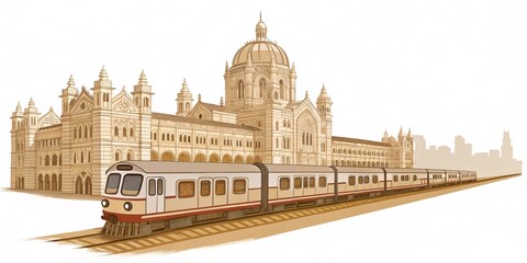 imeless Glory Chhatrapati Shivaji Maharaj Terminus with a Classic Indian Railways Train &ndash; Front View on a Pristine White Canvas
