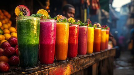 A colorful row of freshly blended fruit smoothies in tall glasses, garnished with mint leaves and served with vibrant tropical fruits.