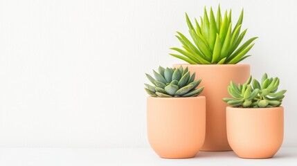 Obraz premium Vibrant Display of Succulent Plants in Modern Terracotta Pots on Minimalist White Background
