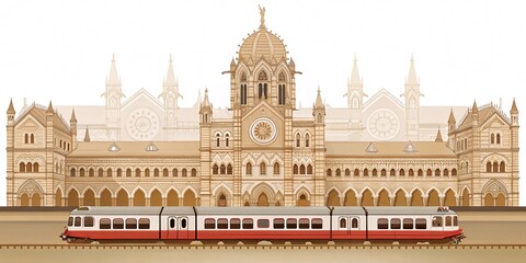 imeless Glory Chhatrapati Shivaji Maharaj Terminus with a Classic Indian Railways Train – Front View on a Pristine White Canvas