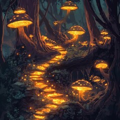 A glowing path winds through a magical mushroom forest
