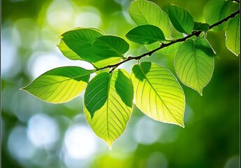 Closeup Bright Green Leaves Branch Sunlight