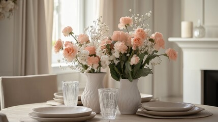 Fototapeta premium A stylish dining table set with Peach Fuzz floral centerpieces in neutral vases.