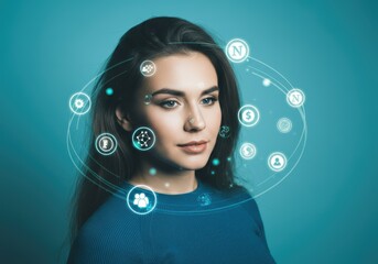 Woman with digital social icons futuristic style