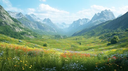 Obraz premium Alpine meadow wildflowers sunny valley landscape travel poster