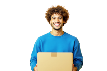 Happy young man in blue sweater holding a cardboard box, isolated on white background. Concept of delivery, shipping, and online shopping. Ai generative