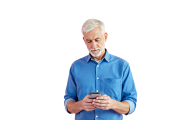 Elderly man with white hair and beard wearing blue shirt, focused on smartphone, isolated on white background. Concept of technology and communication. Ai generative