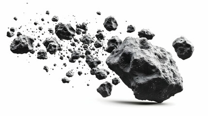 Asteroid field hurtling through space, white background, science fiction