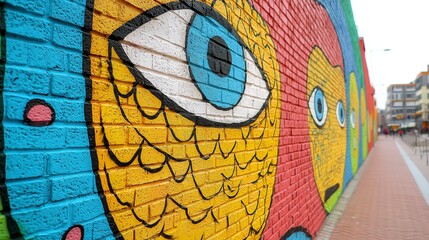 Obraz premium Vibrant Colorful Mural Featuring Abstract Eye and Shapes on a Brick Wall in Urban Environment