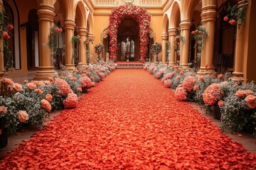 Elegant Wedding Venue with Red Petal Aisle and Floral Decor