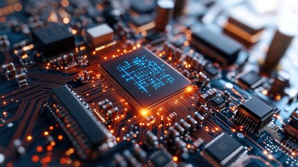 Fototapeta premium Close up of a glowing microchip circuit with blue light and intricate details for technology background