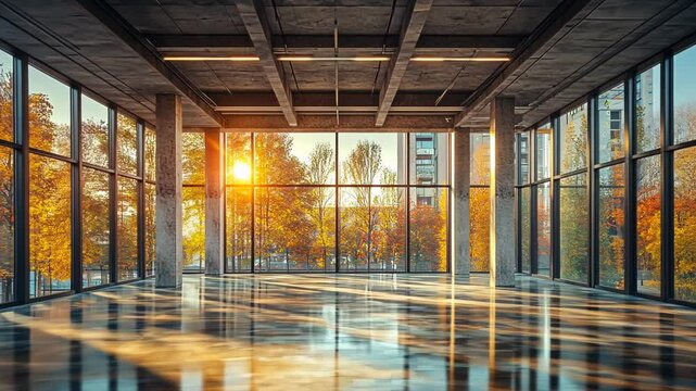 Modern empty interior with large windows showcasing autumn sunset