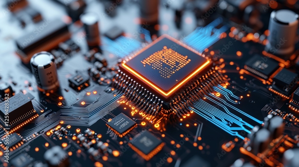 Poster close-up of a glowing computer processor with circuit details and high fidelity microchip technology