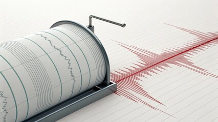 earthquake diaster alert. Seismograph recording earthquake activity with red seismic waves displayed on paper.