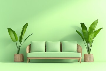 Natural Living: Rattan Sofa & Wicker Basket with Plants in Scandinavian Living Room