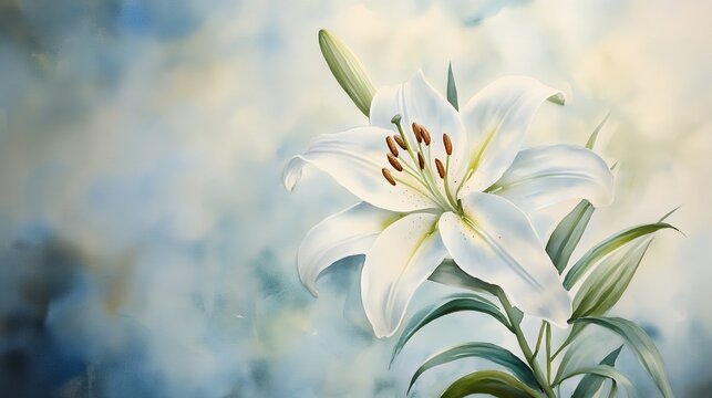 Delicate White Lily Watercolor Painting