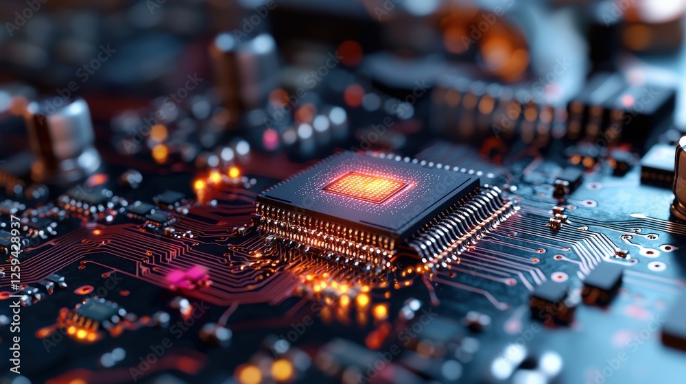Poster close-up of a glowing computer microchip on a circuit board with intricate details and connections