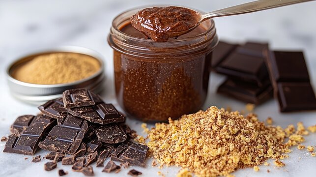 Rich chocolate spread in a jar with cocoa powder, chocolate chunks, and crumbled cookies on marble - Powered by Adobe
