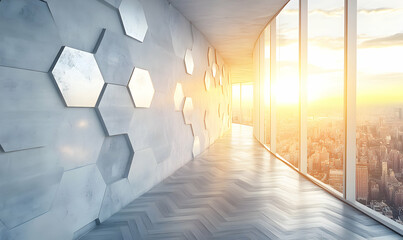 Modern office corridor with hexagonal wall design and panoramic city view. Ideal for corporate, architecture, and design projects.