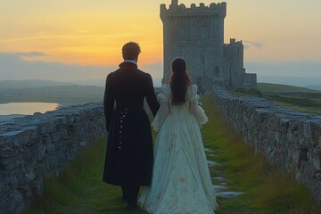 Romantic couple walking toward an ancient castle at sunset